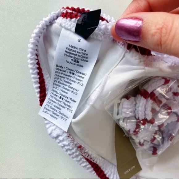 J. Crew | Scrunchie Ring Bandeau Bikini Top Stripe White Racing Red Textured New - Picture 14 of 15